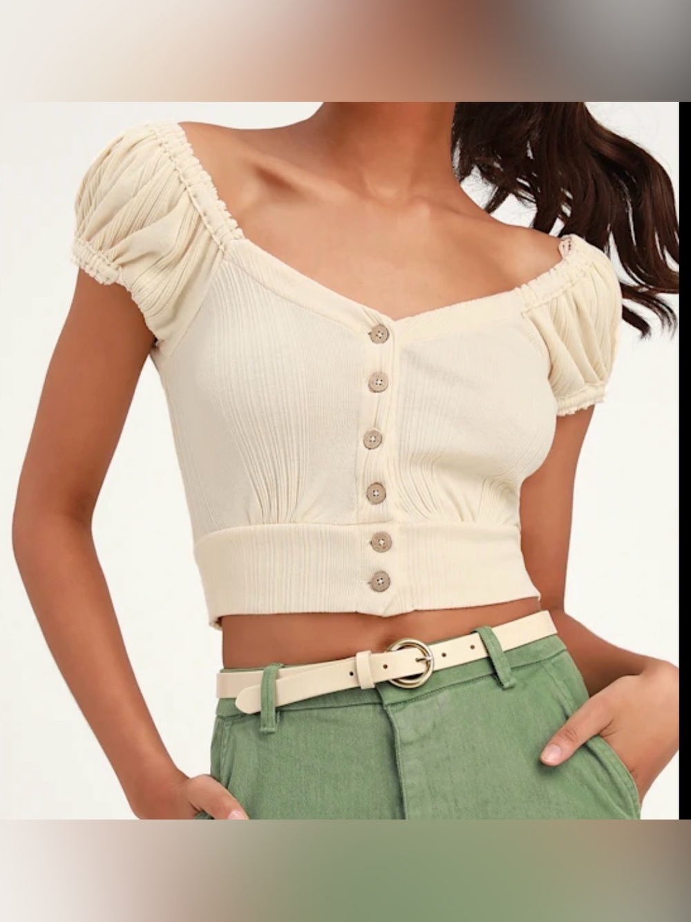 Free People We The Free Cream Ribbed Puff-Sleeve Cropped Button Top